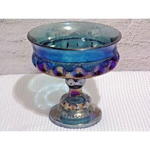 Indiana Iridescent Blue Carnival Glass Pedestal Candy Dish Compote
